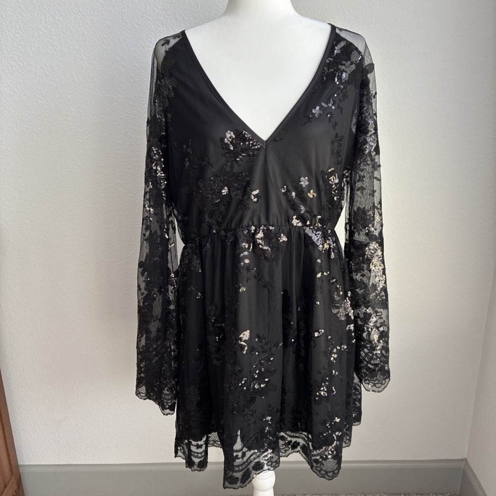 Boohoo Plus Floral Sequin Wrap Skater Dress Black US Size 14 Glitz Glamour Event